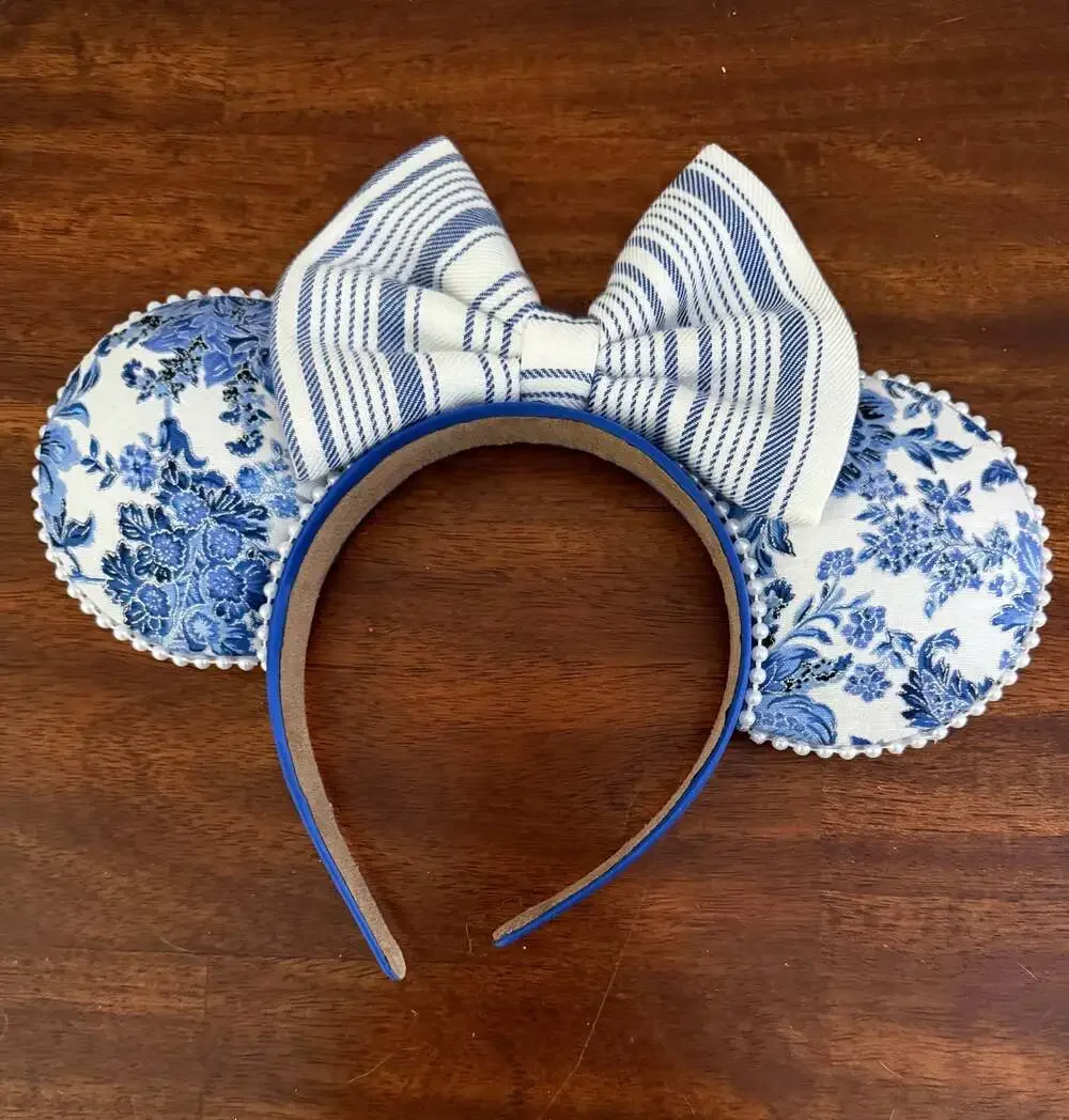 Blue and White Floral Toile Pattern Mouse Ears